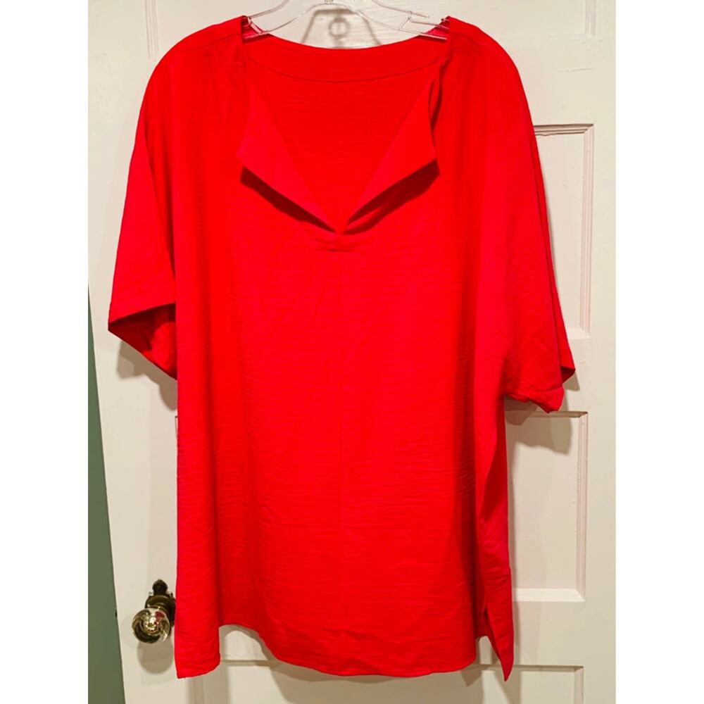 Bright Rose Red Tunic Top Short Sleeves and a Split V-Neckline Women's XL